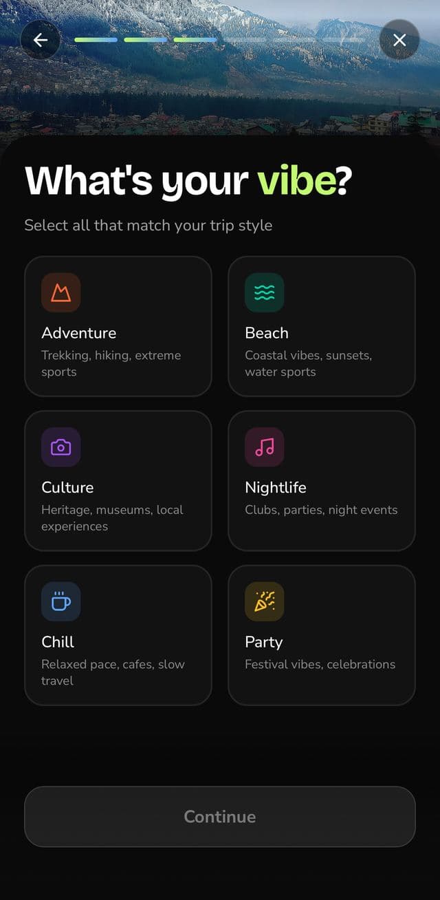 Choosing your travel vibe in the GoWeekender app
