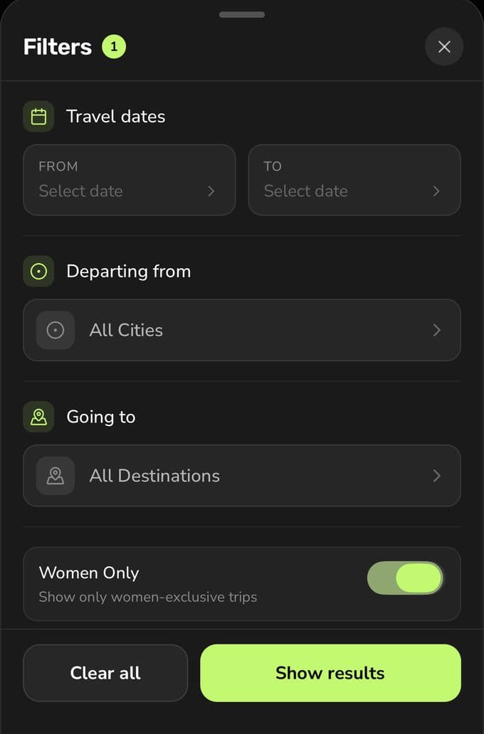 The Women Only toggle in the app's trip filters